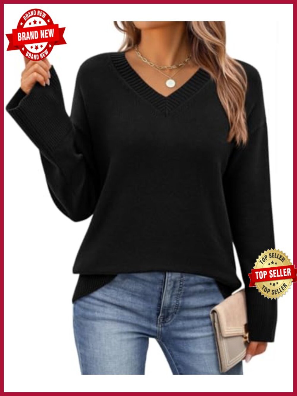 Womens V Neck Long Sleeve Knit Sweater Pullover Loose Fit Lightweight